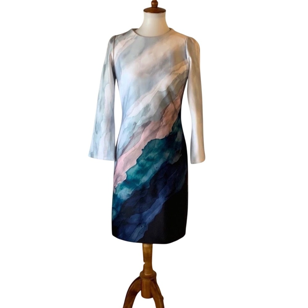 Donna Karan Watercolor Landscape Bell Sleeve Dress Women 6 Blue New